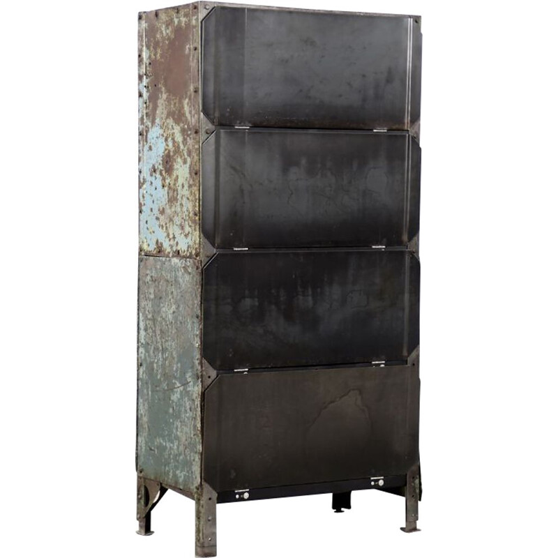 Raw industrial metal factory cabinet with shelves, 1950