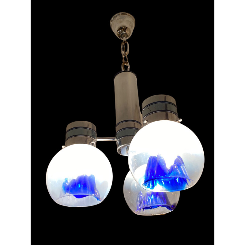 Lámpara de suspensión vintage con 3 globos azules de Toni Zuccheri, 1970