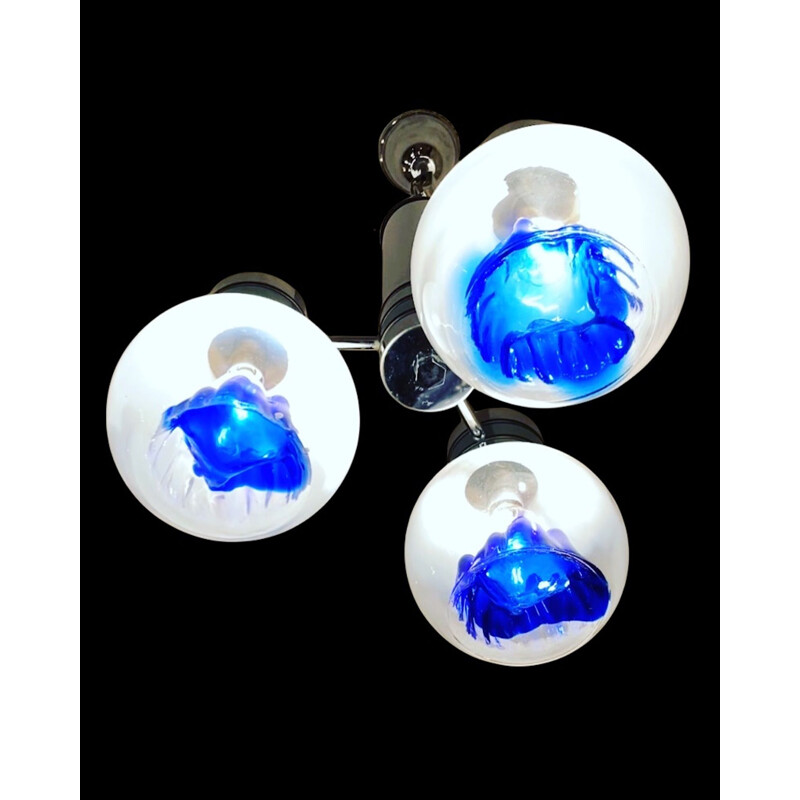 Vintage hanglamp met 3 blauwe bollen van Toni Zuccheri, 1970
