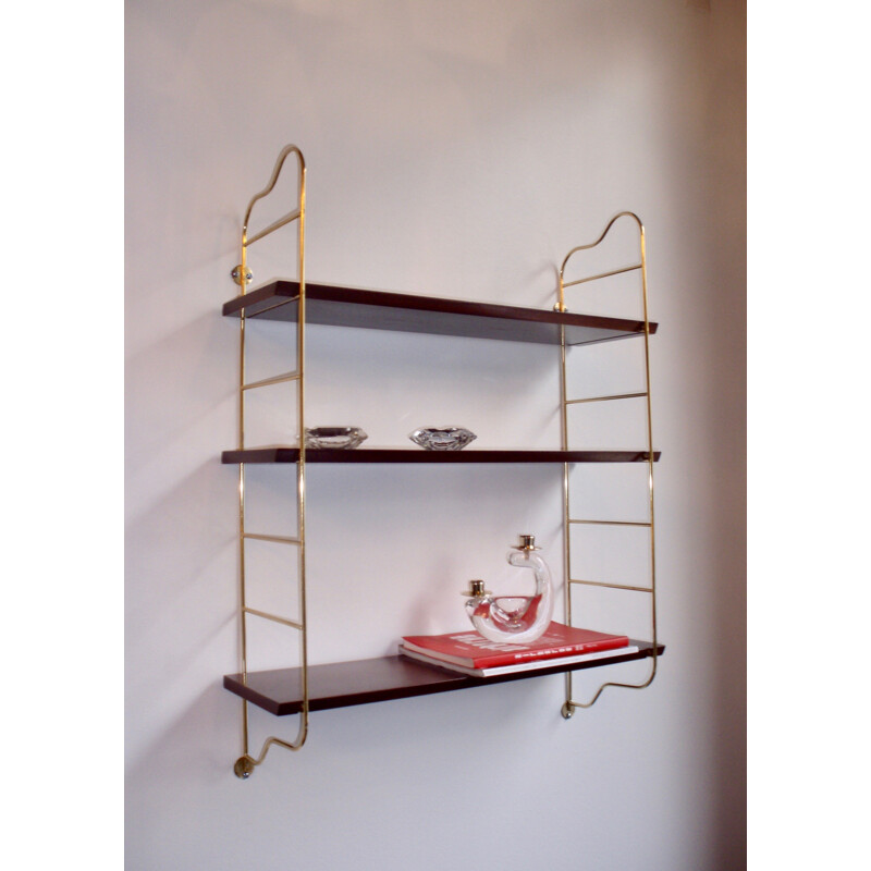 Brass and mahogany wall shelf - 1960s