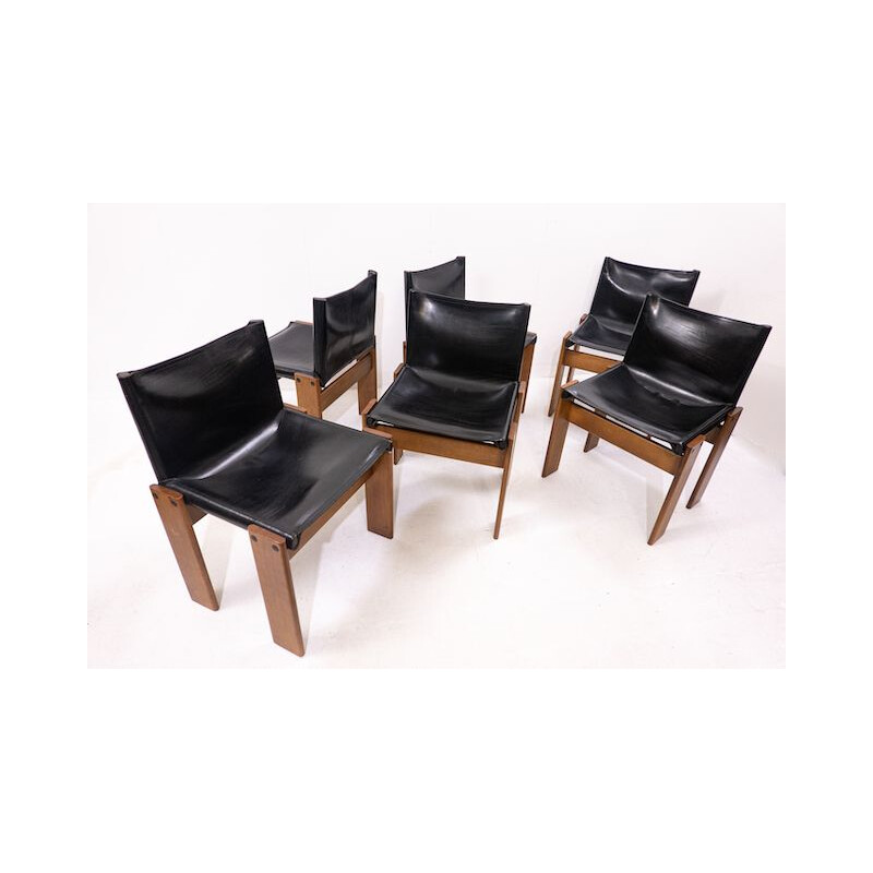 Set of 6 vintage black leather chairs model Monk by Afra and Tobia Scarpa for Molteni