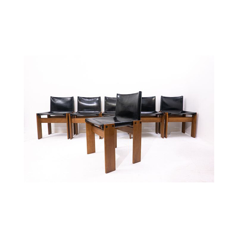 Set of 6 vintage black leather chairs model Monk by Afra and Tobia Scarpa for Molteni