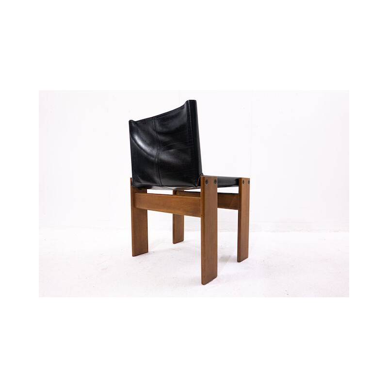 Set of 6 vintage black leather chairs model Monk by Afra and Tobia Scarpa for Molteni