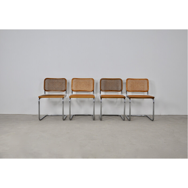 Set of 4 vintage B32 chairs in wood, metal, rattan and cane by Marcel Breuer