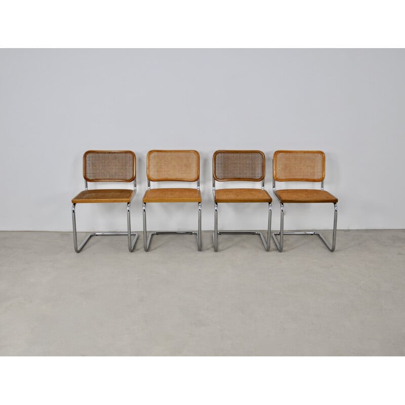 Set of 4 vintage B32 chairs in wood, metal, rattan and cane by Marcel Breuer