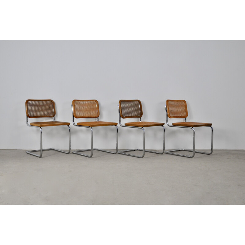 Lot de 4 chaises vintage B32 en bois, métal, rotin et canne par Marcel Breuer