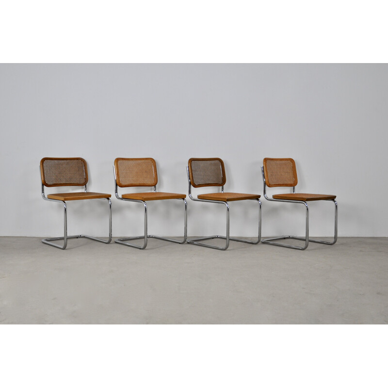 Set of 4 vintage B32 chairs in wood, metal, rattan and cane by Marcel Breuer