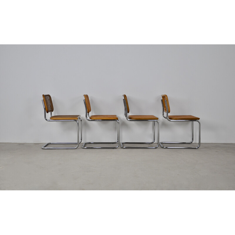 Set of 4 vintage B32 chairs in wood, metal, rattan and cane by Marcel Breuer