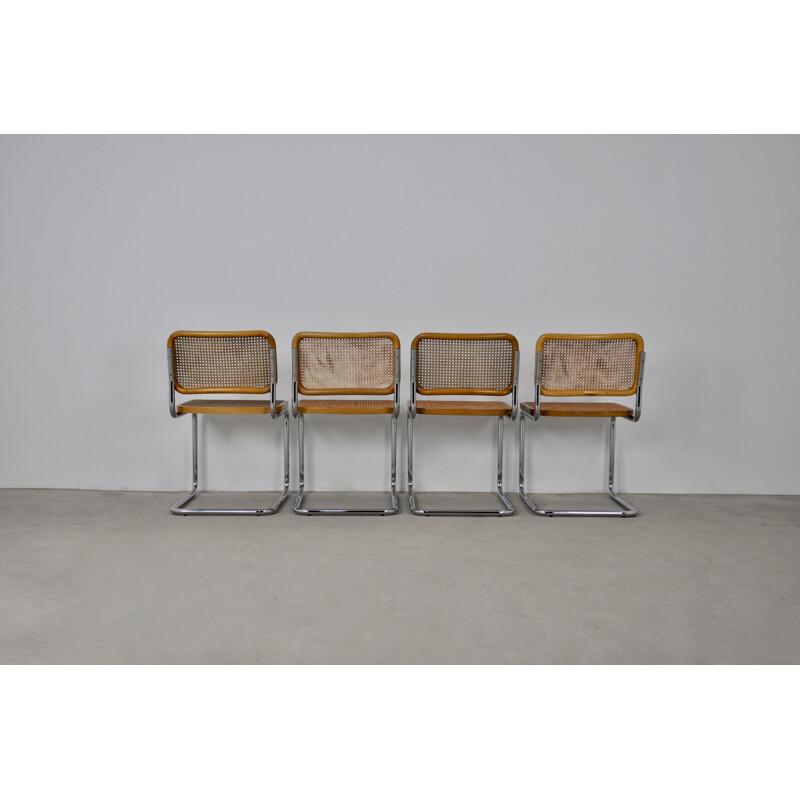 Lot de 4 chaises vintage B32 en bois, métal, rotin et canne par Marcel Breuer