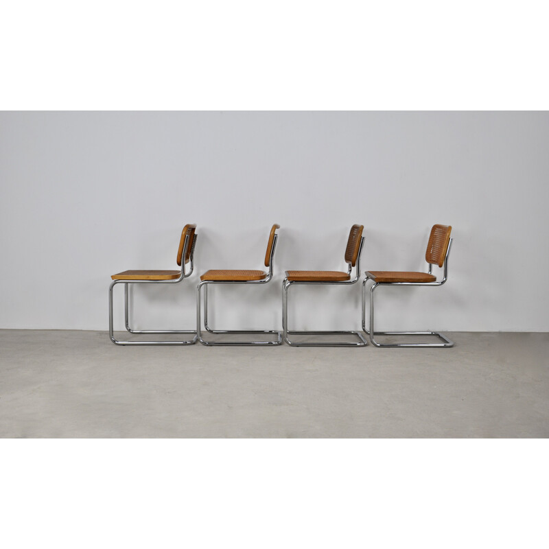 Set of 4 vintage B32 chairs in wood, metal, rattan and cane by Marcel Breuer