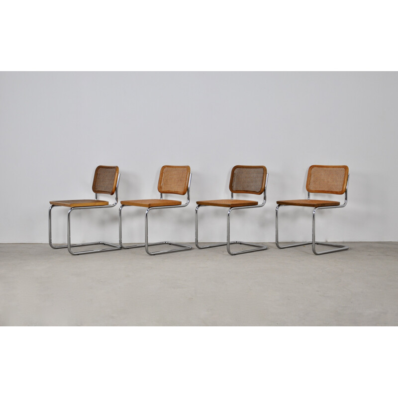 Set of 4 vintage B32 chairs in wood, metal, rattan and cane by Marcel Breuer