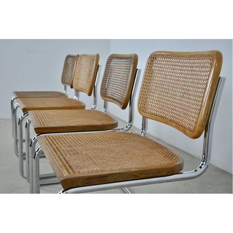 Set of 4 vintage B32 chairs in wood, metal, rattan and cane by Marcel Breuer