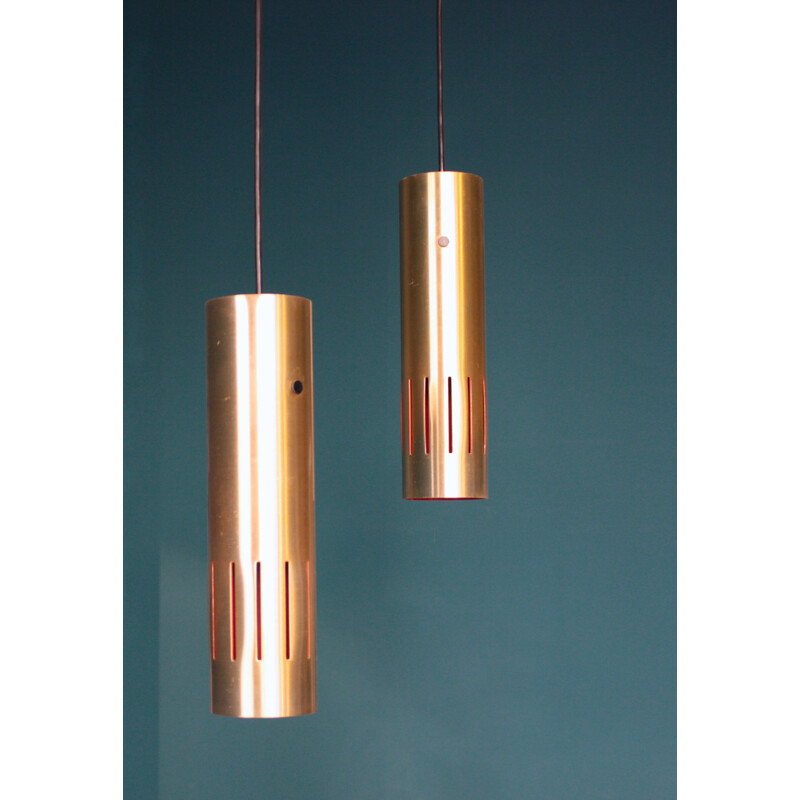 Pair of Danish Fog & Mørup "Trombone" pendants in brass, Jo HAMMERBORG - 1960s