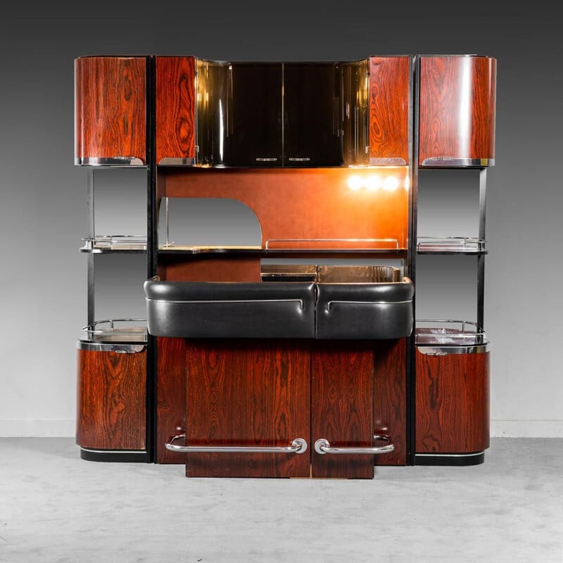 Vintage wood and metal bar cabinet with 2 stools, 1970s