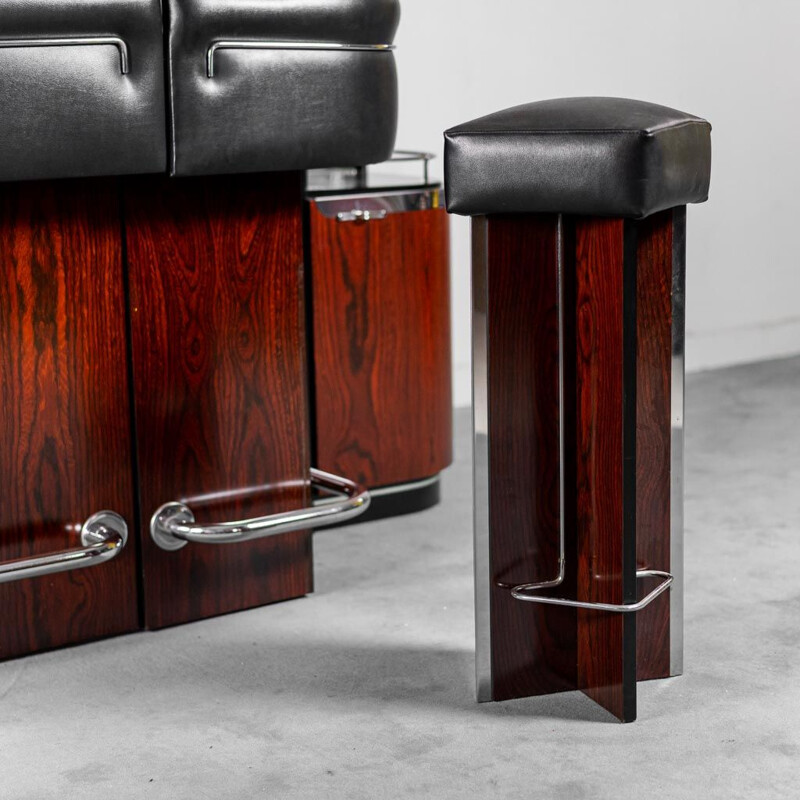 Vintage wood and metal bar cabinet with 2 stools, 1970s