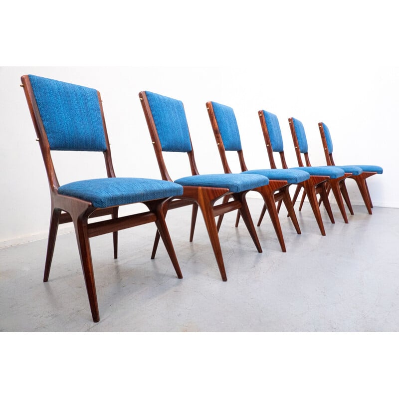Juego de 6 sillas azules vintage 634 de Carlo de Carli para Cassina, Italia 1950