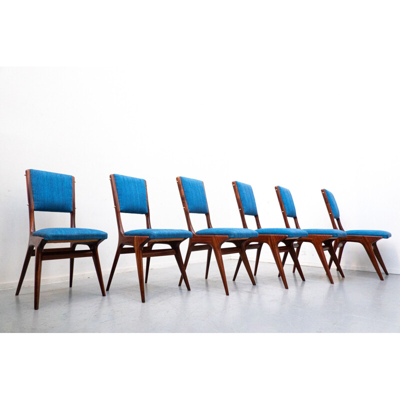 Set of 6 vintage blue 634 chairs by Carlo de Carli for Cassina, Italy 1950s