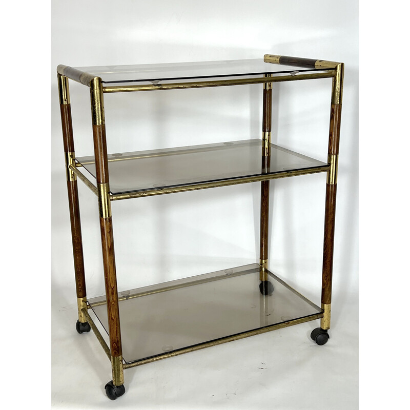 Vintage three-shelf brass and wood cart by Tommaso Barbi, Italy 1970