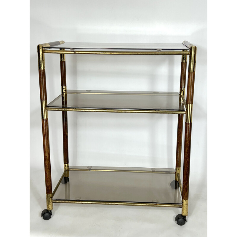 Vintage three-shelf brass and wood cart by Tommaso Barbi, Italy 1970