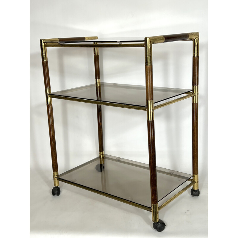 Vintage three-shelf brass and wood cart by Tommaso Barbi, Italy 1970