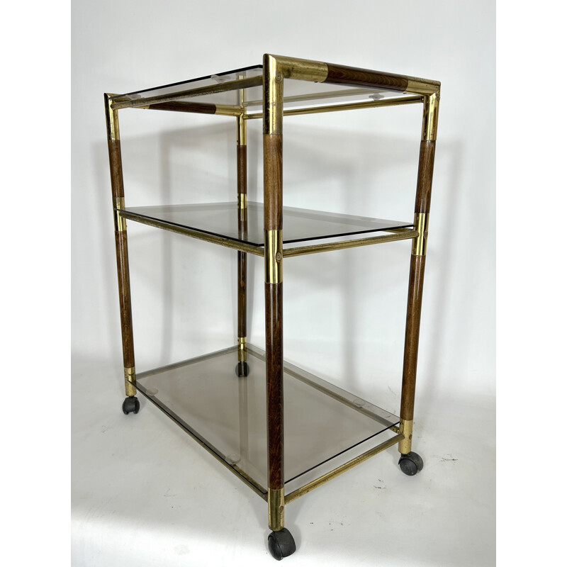 Vintage three-shelf brass and wood cart by Tommaso Barbi, Italy 1970