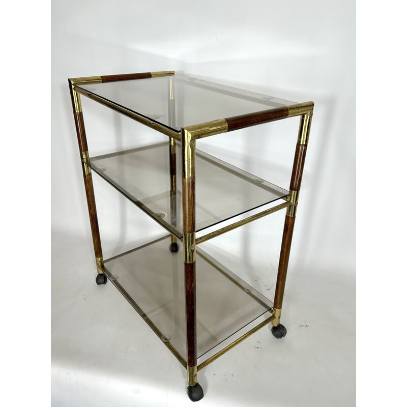 Vintage three-shelf brass and wood cart by Tommaso Barbi, Italy 1970