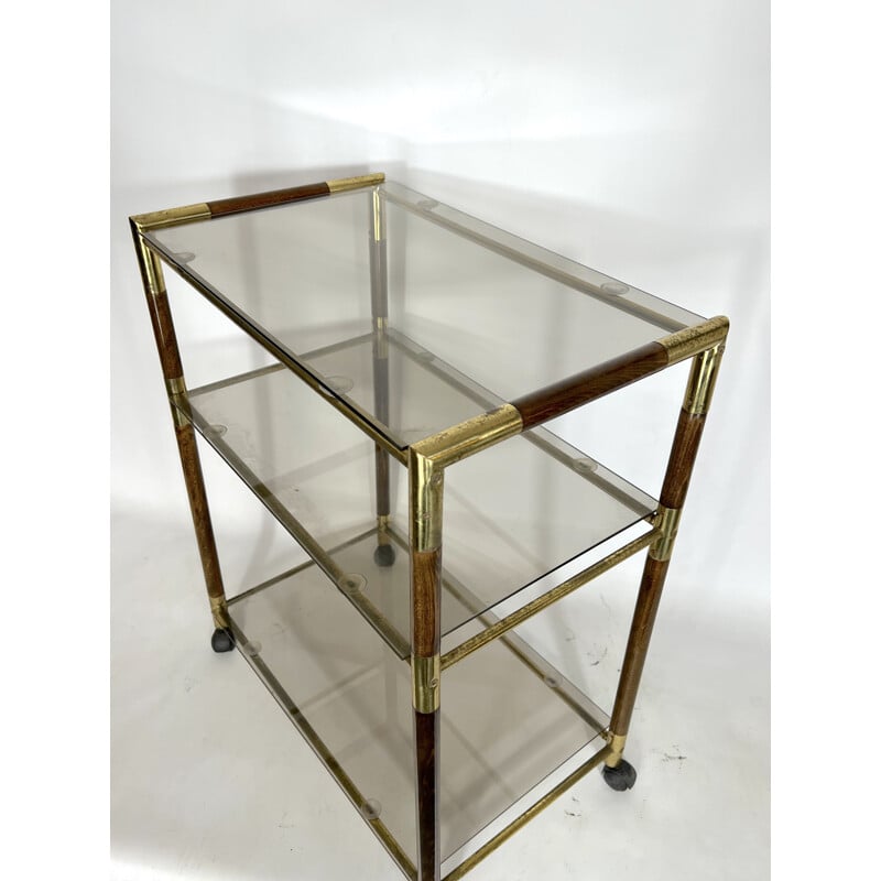 Vintage three-shelf brass and wood cart by Tommaso Barbi, Italy 1970