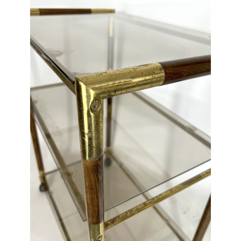 Vintage three-shelf brass and wood cart by Tommaso Barbi, Italy 1970