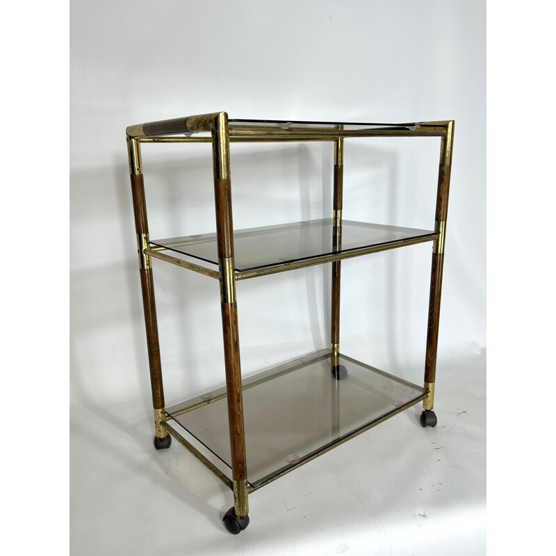 Vintage three-shelf brass and wood cart by Tommaso Barbi, Italy 1970