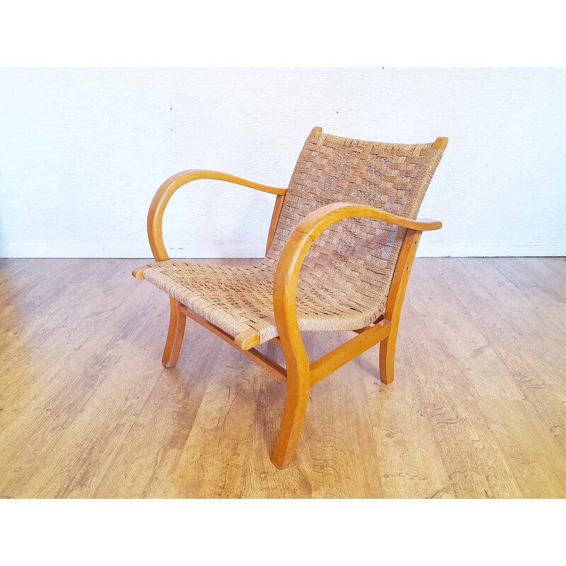Vintage Bauhaus-Sessel mit Ottoman aus Holz und Seil von Erich Dieckmann,  1930