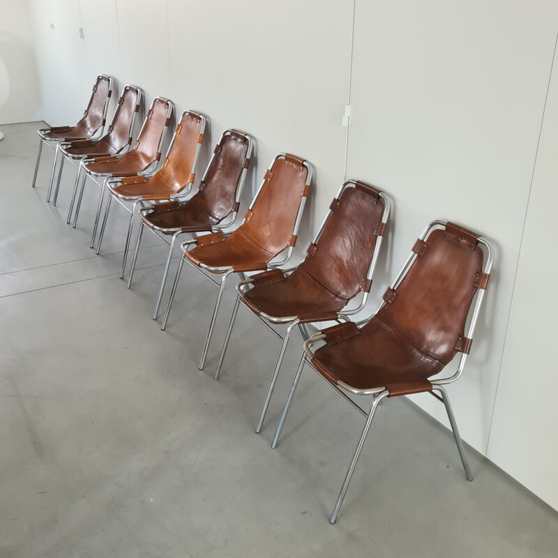 Set of 8 vintage leather dining chairs selected by Charlotte Perriand for Les Arcs, France 1960s