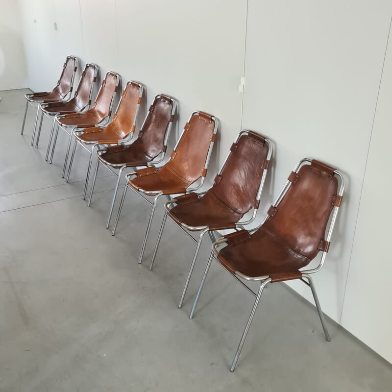 Set of 8 vintage leather dining chairs selected by Charlotte Perriand for Les Arcs, France 1960s