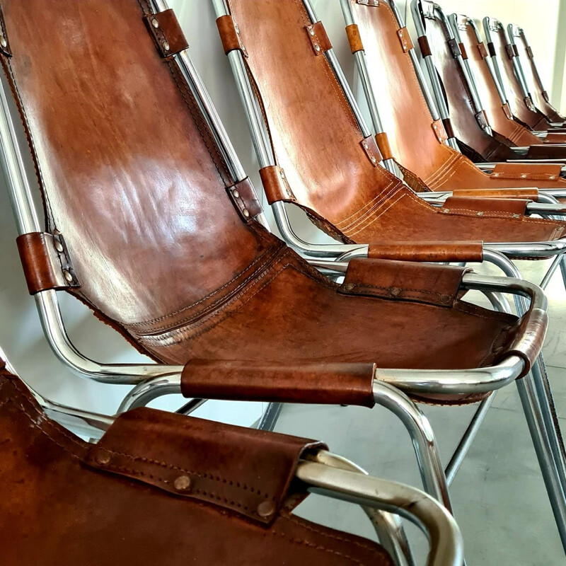 Set of 8 vintage leather dining chairs selected by Charlotte Perriand for Les Arcs, France 1960s