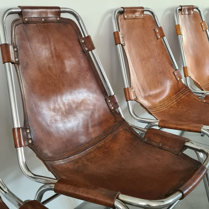 Set of 8 vintage leather dining chairs selected by Charlotte Perriand for Les Arcs, France 1960s