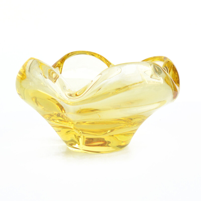 Vintage ashtray in yellow crystal glass by Miloslav Klinger for Zelezny Brod Sklo, 1960s