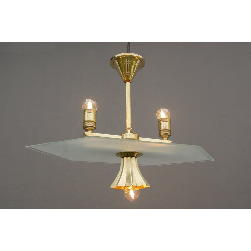 Vintage glass and brass pendant lamp by Franz Haegele, 1920