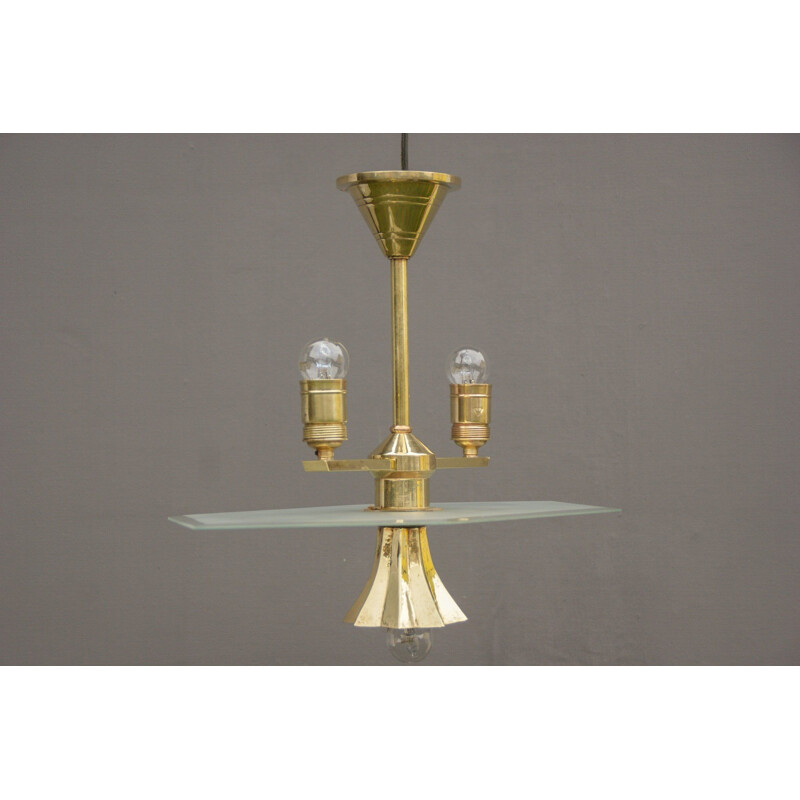 Lámpara de suspensión vintage de cristal y latón de Franz Haegele, 1920