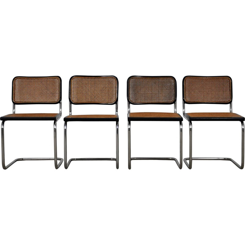 Ensemble de 4 chaises vintage en métal, bois et rotin par Marcel Breuer