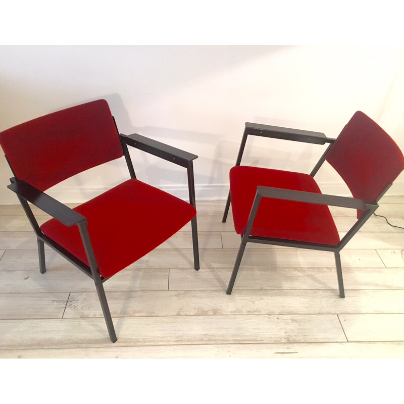 Pair of Pagholz armchairs in metal and red fabric - 1960s