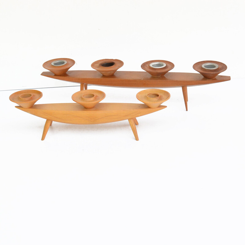 Vintage four-branch ash wood candle holders, Germany 1960-1970