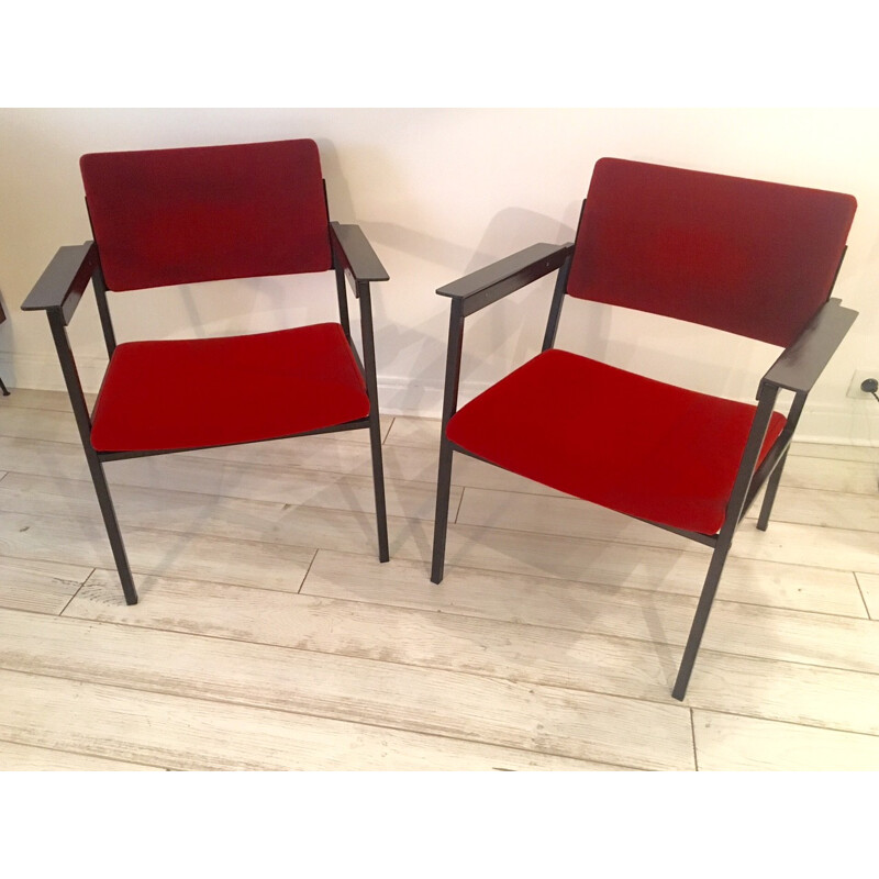 Pair of Pagholz armchairs in metal and red fabric - 1960s