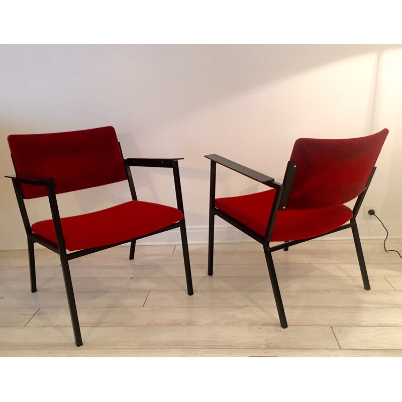 Pair of Pagholz armchairs in metal and red fabric - 1960s