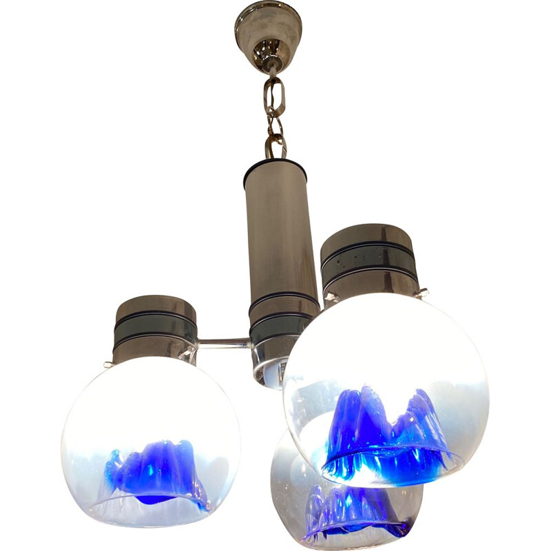 Lámpara de suspensión vintage con 3 globos azules de Toni Zuccheri, 1970