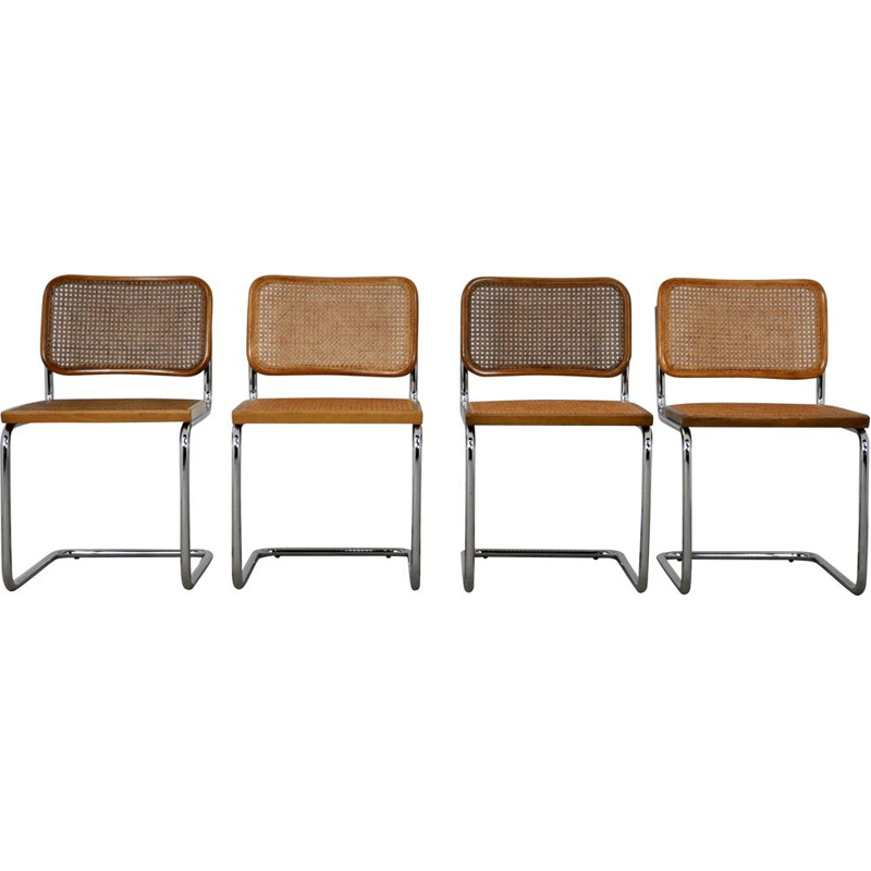 Set of 4 vintage B32 chairs in wood, metal, rattan and cane by Marcel Breuer