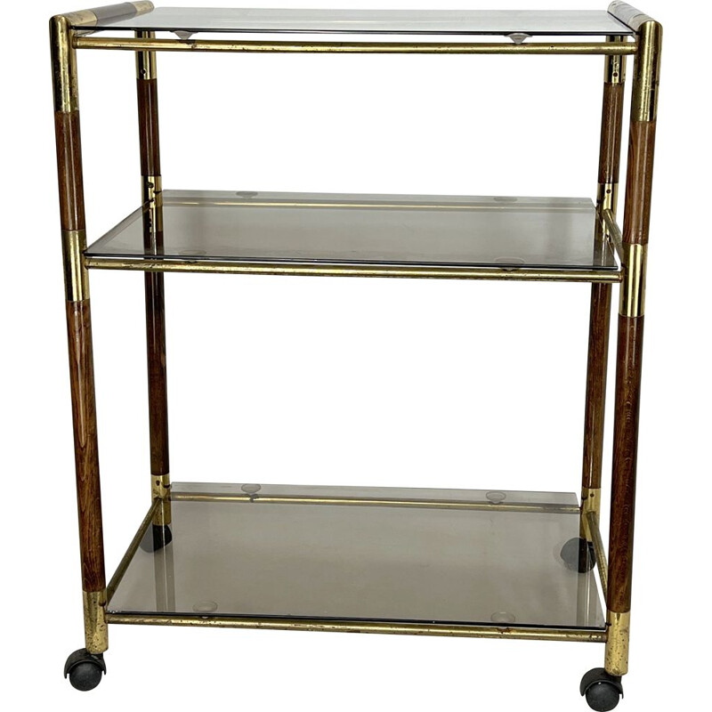 Vintage three-shelf brass and wood cart by Tommaso Barbi, Italy 1970