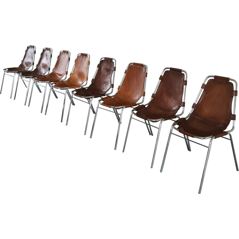 Set of 8 vintage leather dining chairs selected by Charlotte Perriand for Les Arcs, France 1960s