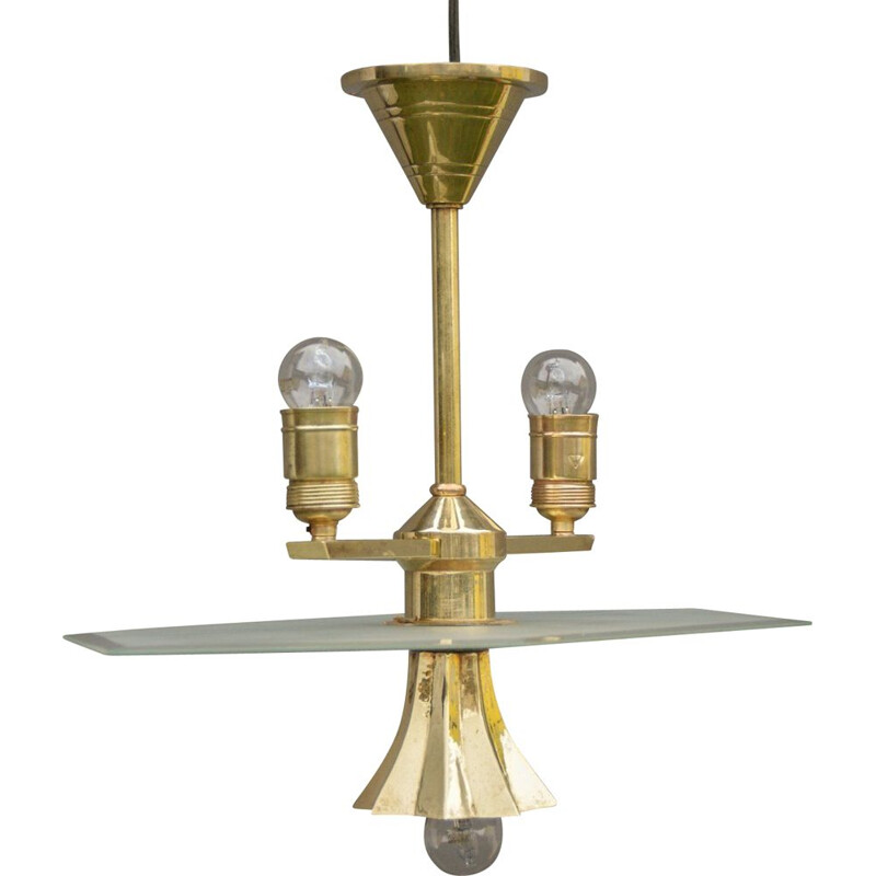 Vintage glass and brass pendant lamp by Franz Haegele, 1920