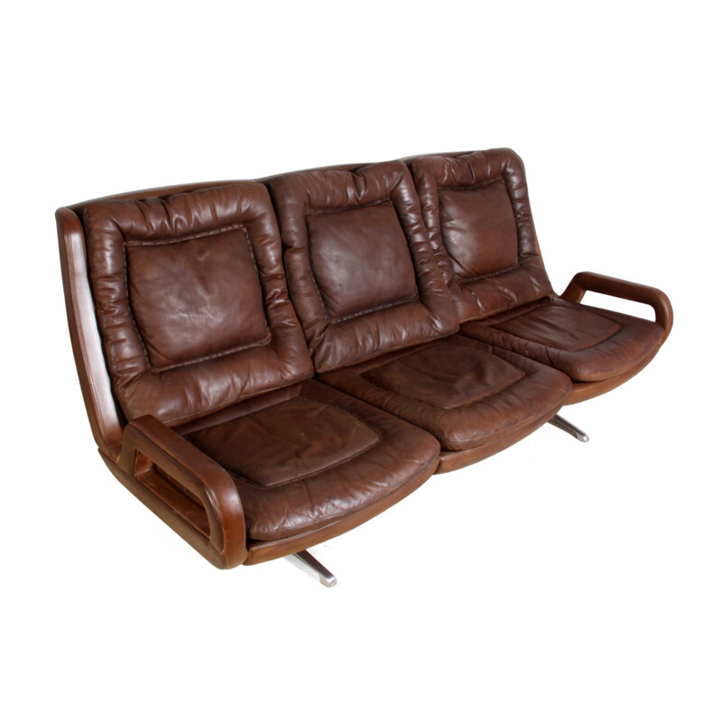 3-seater sofa in aluminum and brown leather - 1960s