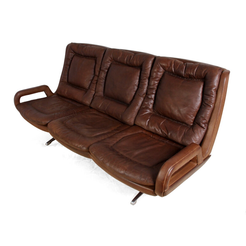 3-seater sofa in aluminum and brown leather - 1960s