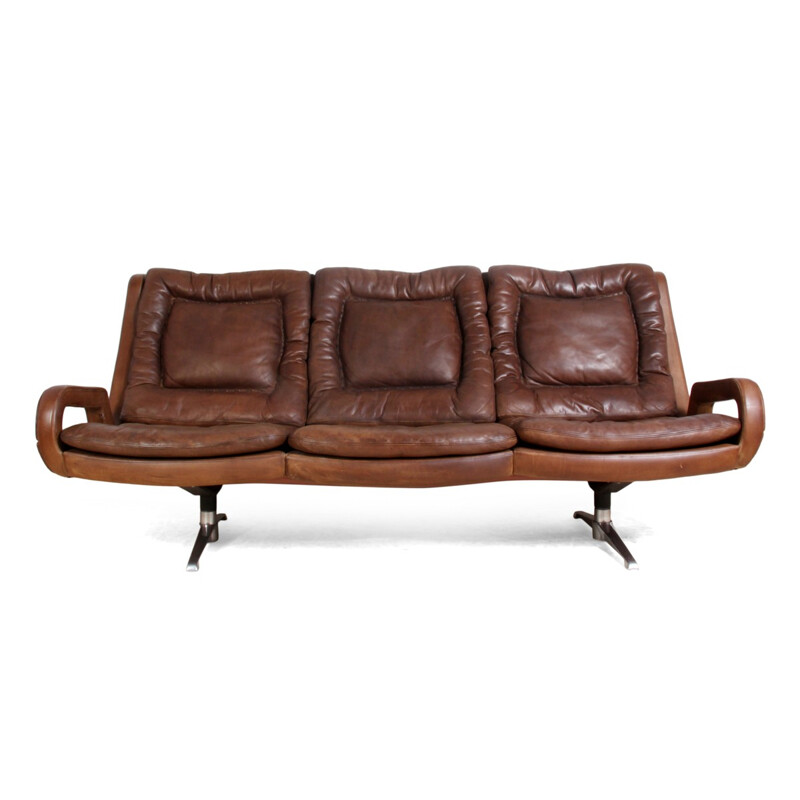 3-seater sofa in aluminum and brown leather - 1960s